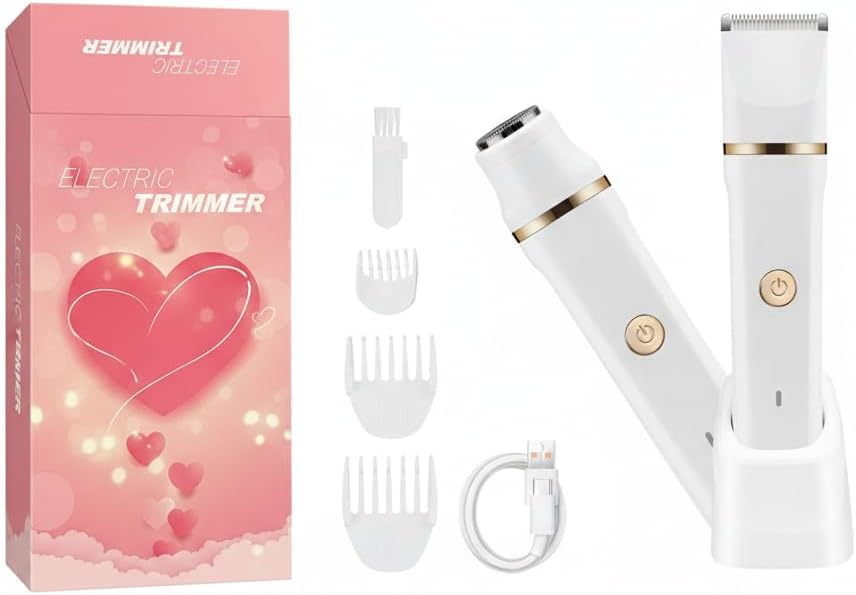 2-in-1 Electric Body Trimmer & Facial Hair Remover Set for Women, Waterproof Rechargeable Bikini Trimmer & Shaver, White/Rose Gold