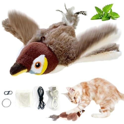blueypet Interactive Chirping Bird Cat Toys with Flapping Wings, 2025 New Flying Birds Cats Toy, Flying Simulation Electric Sparrow Shaking Hunting Pet Toy for Indoor (Brown)
