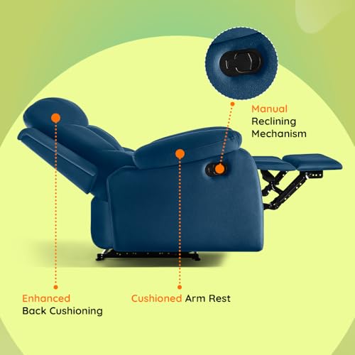 Image of Sleepyhead RX5 Ultra Designed by Duroflex - Single Seater Velvet Fabric Manual Recliner |3-Position Comfort | Zig Zag Spring, Solid Wood Frame |Ergonomic High-Back Lumbar Support - Classic Blue