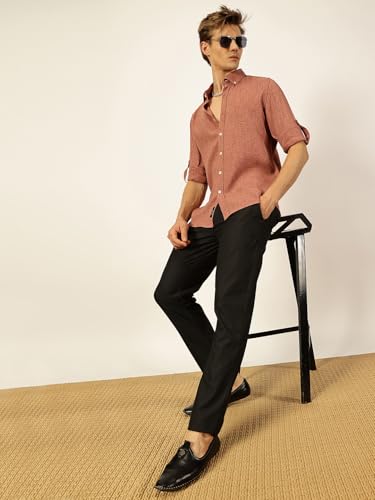 Image of Thomas Scott Men's | Solid | Textured Fabric | Full Sleeve | Slim Fit | Polyester-Blend | Spread Collar | Casual Shirt
