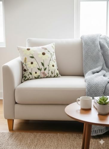 Image of CASA-NEST Linen Embroidery Cushion Cover, Size -16x16 inch, Pack of 2 pc, Decorative Sofa Cushion (Cream, 2)