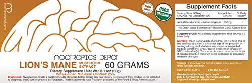Lions Mane Mushroom Powder | 60 Grams | Hericium Erinaceus | Organic Whole Fruiting Body Mushroom Extract | Natural Nootropic Supplement | Neuroprotective + Boosts Mood #TOP1