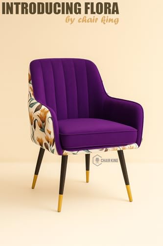 Image of Velvet Chair with Floral Pillow for Home | Modern Accent Armchair in Soft Velvet Fabric with Golden Legs | Set of 2 Premium Accent Chair for Living Room Bedroom (Purple Floral)