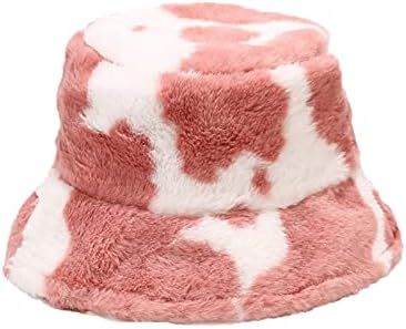 Ralcosuss Women Girls Milk Cow Print Faux Fur Bucket Hats Winter Outdoor Fluffy Warm Fisherman Caps Pink