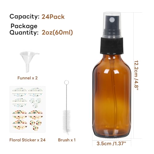 STARSIDE 24 Pack 2oz Amber Glass Spray Bottles with Fine Mist Sprayer,60 ml Glass Travel Bottles for Cosmetic Essential Oils Cleaning Solutions Perfumes & Liquids2