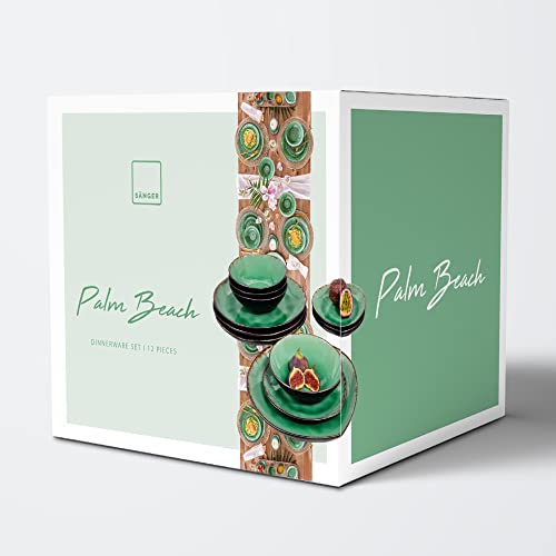 Sänger | Teller Set Palm Beach 12 tlg, Geschirrset 4 Personen, Geschirr Steingut, Dinner Set inkl. Speiseteller Dessertteller & Tiefe Teller Grün Schwarz mit Braunem Farbverlauf | PREMIUM COLLECTION