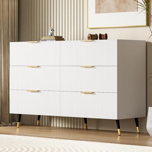 KOMHTOM Commode 6 tiroirs Meuble tiroir Rangement Blanc avec Pieds et poignées dorés Meuble de Rangement Salon Chambre Cuisine (Blanc)