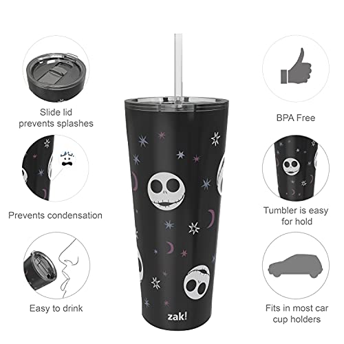 Image of Zak Designs Disney Vacuum Insulated Stainless Steel Travel Tumbler with Splash-Proof Lid, Includes Reusable Plastic Straw and Fits in Car Cup Holders (18 /8 SS, 25 oz, The Nightmare Before Christmas)