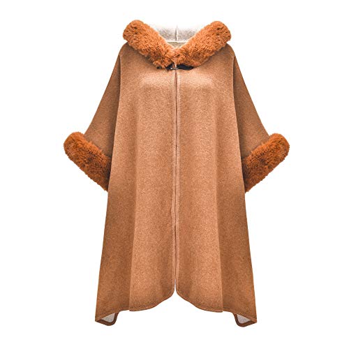 Image of ZLYC Women Winter Fashion Faux Fur Trim Layers Hooded Cardigan Warm Cape Sweater Cloak