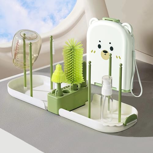 Image of Baby Bottle Brush, 6 in 1 Travel Bottle Cleaner Kit with Silicone Bottle Brush, Nipple Brush, Straw Brush, Soap Dispenser, Bottle Drying Rack, Portable Essentials for Home and Travel-Green