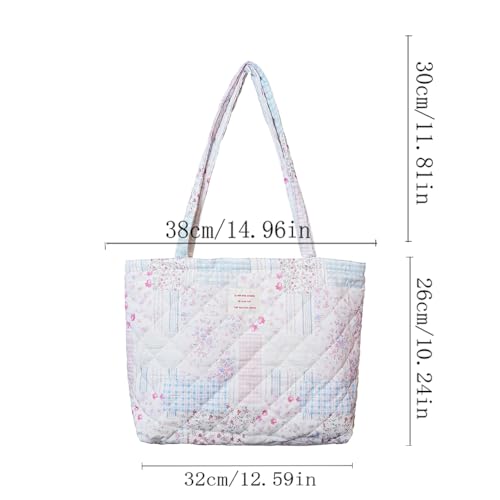 Image of Floral Quilted Cotton Shoulder Bag for Women Daily Use Medium Size Handbag Large Capacity Thickened Design Tote