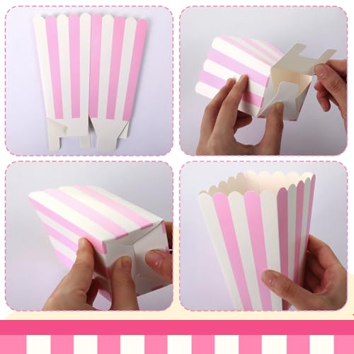 Image of 20 Pcs Pink Popcorn Boxes Mini Popcorn Bags for Party Small Puffed Rice Bowl Buckets Pink and White Striped Bags Paper Puffed Rice Container for Birthday Party Favor Movie Night Supplies