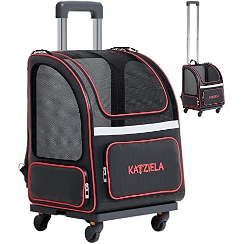 Katziela 4 Wheeled Pet Carrier Backpack - Soft Sided, Airline Approved Hiking Carrying Bag for Small Dogs and Cats – Removable Rolling Wheels – Mesh Ventilation Windows, Storage Pockets (Black/Red) Cover