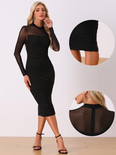 Allegra K Mesh Dress for Women's Mock Neck Long Sleeve Ruch Elegant Cocktail Bodycon Dresses2