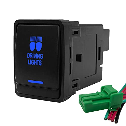 Image of Blue Led Driving Lights Push Button Switch with Wiring Connector for Nissan Pathfinder Navara X-Trail Qashqai Dash Switch Replacement 3A /12V (30 mm x 23 mm)