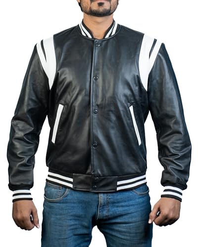 GOKTOG Mens Black Casual Varsity Style Real Leather Jacket