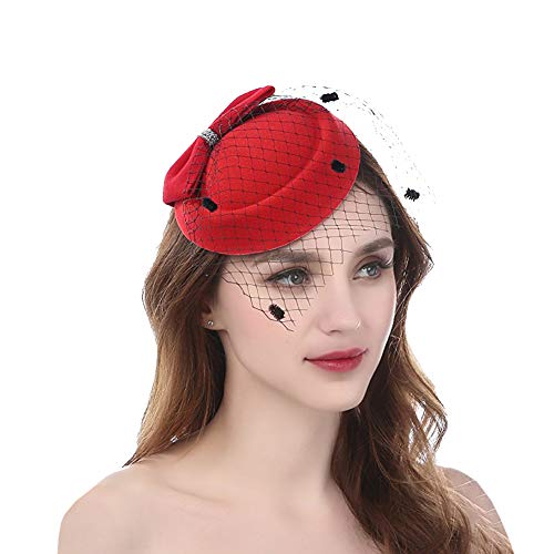 Haifly Vintage Bowknot Velo Sombrero Clip Lateral Mini Parte Superior Sombrero Pastillero Caja Sombrero Fiesta Tocado para Mujer