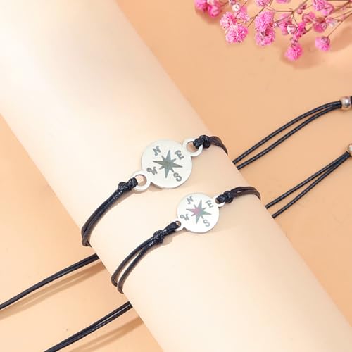 Back to School Bracelets, First Day of School Gift Matching Compass Charms Rope Adjustable Bracelets for Mom and Daughter Wish Strings Bracelet Jewelry Set3