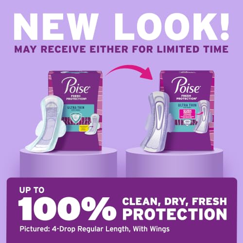 Image of Poise Ultra Thin Incontinence & Postpartum Pads with Wings for Bladder Leaks, 5 Drop Maximum Absorbency, Long Length, 60 Count (Packaging May Vary)