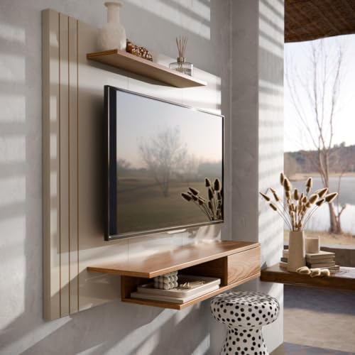 Painel Para TVs de Até 43 Polegadas Otto com Prateleiras - Off White com Cumarú - Gaio e Cia