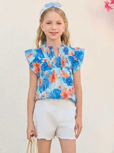 Image of Haloumoning Girls Ruffle Short Sleeve Floral Chiffon Blouses Kids Summer Shirts Tops 5-14 Years