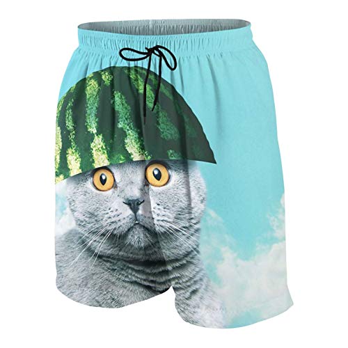 3D Printed Youth Boys Swim Trunks Quick Dry Funny Watermelon Cat Sky Cute Cat Beach Shorts with Summer Pocket Drawstring Surf White