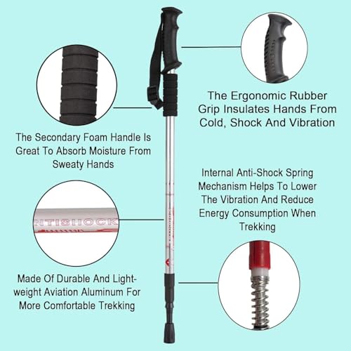 Image of Trekking Poles, Lightweight Aluminum Hiking Sticks, Collapsible Shock-Absorbing with Ergonomic Grip for Women Men Kids,Anti-Shock Spring System, Adjustable Length,(1 PCS Silver)