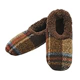 Snoozies Plaid Fuzzy Slippers for Men with Sherpa Fleece Lining and Non-Skid Sole, Mens Slippers Size 11-12 (Brown, Large)