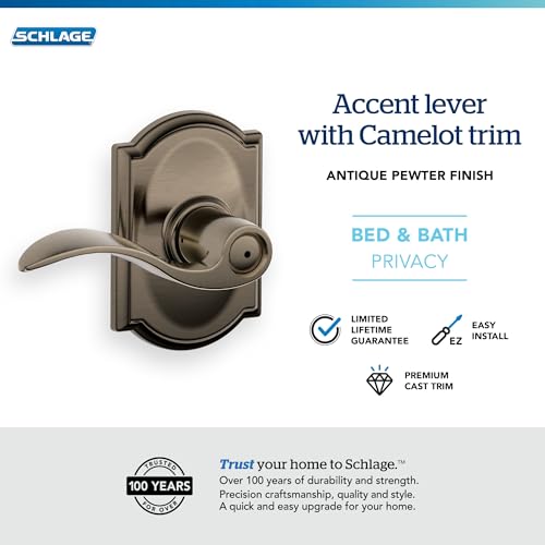 Image of SCHLAGE Accent Lever with Camelot Trim Bed and Bath Lock in Antique Pewter
