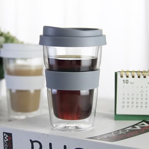 soulnioi Coffee Glass with Heat-Resistant Silicone Nonslip Coffee Cup Sleeve 350ml Double Wall Insulated Travel Cup with Silicone Lid for Tea Espresso,Juice for Cafe&Office&Home Coffee Glass 300ML - Image 2