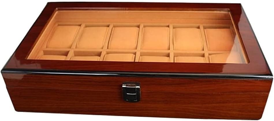 Uhrenbox aus Holz, Uhrenetui, Organizer, Display für Männer und Frauen, 12 Fächer, Holzbox mit großer transparenter Glasplatte