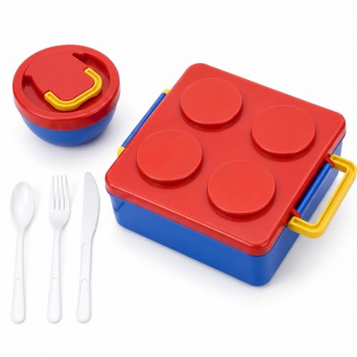 Image of House of Quirk 'NomNom' 1800ml Building Block Bento Lunch Box with 300ml Bowl, Microwave Safe, 3 Compartments, Spoon, Fork & Knife for School, Office & Picnic (Red /Blue)