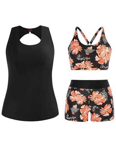 Hanna Nikole 3 Piece Tankini Swimsuits for Women Tummy Control Plus Size Bathing Suit with Boy Shorts Tank Top and Sports Bra