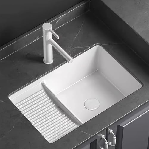 Pila Lavadero con Tabla de Lavar, Lavabo Bajo Encimera, Lavabo Baño de Cerámica, con Grifo Extraíble y Accesorios Desagüe, Ideal para Lavaderos, Balcones y Baños(61x40cm/24x15.7in)