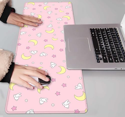 Image of IMAYONDIA Pink Kawaii Desk Pad, Cute Moon Bunny Desk Mat Computer Pad Desktop,Laptop Protector Aesthetic Anime Mousepad Writing Pad for Office Home School,Large Gaming Mouse Pad Tarot Mat,31.5 X 11.8