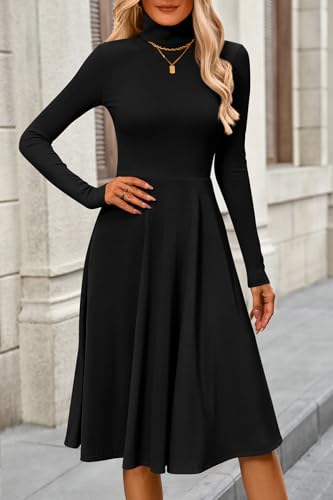 Cflonge Women'S Casual Ribbed Knit High Neck Dress Long Sleeve Fall Dress For Women 2024 Lightweight A Line Flare Dresses thumb #1