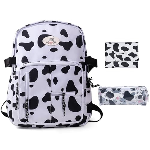3Pcs Cow Backpack for Girls with Cute Pin Plush Pendant Laptop Bag Keychain Wallet Schoolbag for Students Shoulders Bookbag Teen Kids Daypacks Casual Travel Bag (Cute Cows)