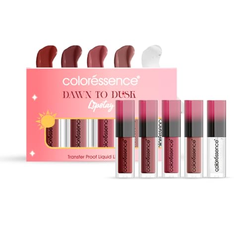 Coloressence Dawn to Dusk Liquid Transferproof Lipstick Kit, Pack of 4 Shades with FREE Lip Plumping Gloss | Long Lasting | Highly Pigmented | Waterproof
