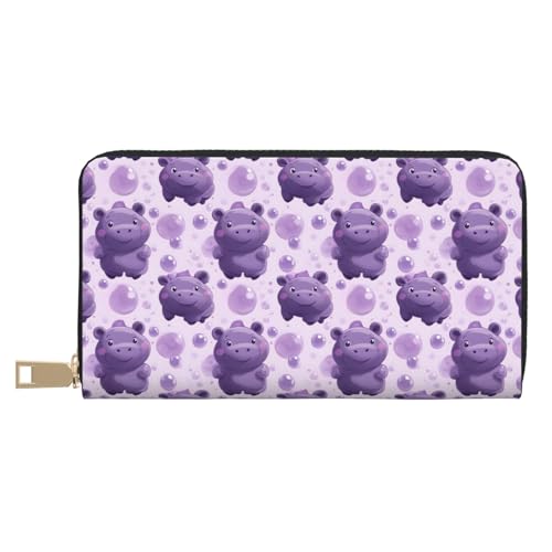 Leather Thin Slim Wallets for Women Men - Fashion Cartoon Purple Hippo Print Card Wallet Holder with Zipper