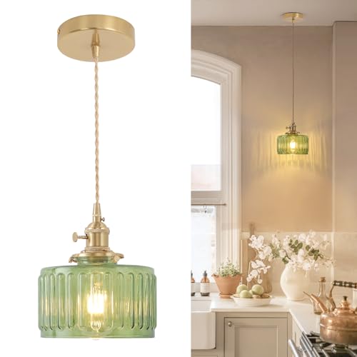 Image of Shenmoyl Pendant Light with Green Striped Glass Lmapshade, Brass Vintage Pendant Light Adjustable Hanging Light for Kitchen Island Dining Room Hallway