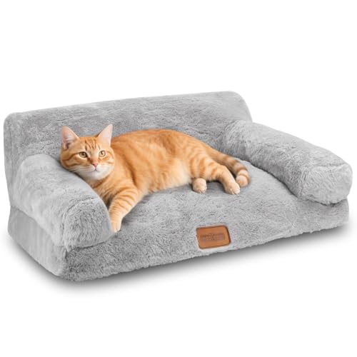 Nobleza Cat Sofa Bed for Indoor Cats, Fluffy Faux Rabbit Fur Cat Couch with Removable Washable Cover, Non-Woven Wrapped Padding, Non-Slip Bottom Pet Bed for Cats Small Dog Puppy Kitten 60x45x30cm Grey