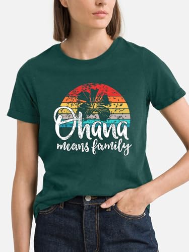 Image of Ohana Means Family Tshirt Women: Hawaii Tropical Graphic T-Shirt Summer Vacation Short Sleeve Tee Top