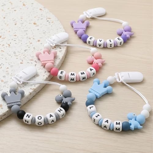 Image of Personalized Pacifier Clip with Name, Custom Silicone Binky Holder for Boys Girls, Dinosaur & Crown Pacifier Chain