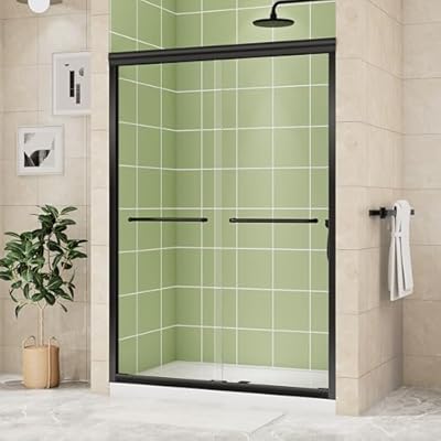 DELAVIN 44-48 in.W x 72 in.H Semi-Frameles Double Sliding Shower Door, Water Repellent Black Shower Door with Two Handles, Easy Sliding SGCC Clear Tempered Glass Shower Door with Explosion-Proof Film