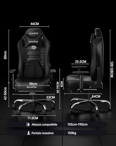 C3 Sedia Gaming, Ergonomica Sedia da Gaming con Schienale Regolabile 155°, Supporto Lombare Ergo 3D, Poggiapiedi, Pelle PU - Design in Stile Racing (Nero) - Sedia gaming - Immagine 2