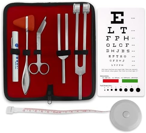 ASA TECHMED Premium 7 Piece Silver Diagnostic Kit - Taylor Hammer, Measuring Tape, Tuning Forks, Bandage Scissors, Pupil Gauge Penlight, Snellen Eye Chart (Silver)