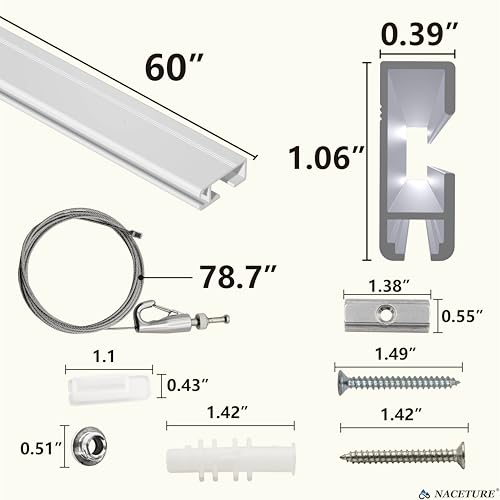 Image of NACETURE 19.69 Ft Picture Hanging System, 4 x 60 Inch Wall Rails | Includes adjustable wires and hooks for frames, photos and wall decor.