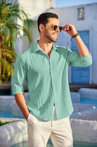 Image of DEELMO Men's Button Down Dress Shirts Textured Long Sleeve Casual Hawaiian Beach Shirt