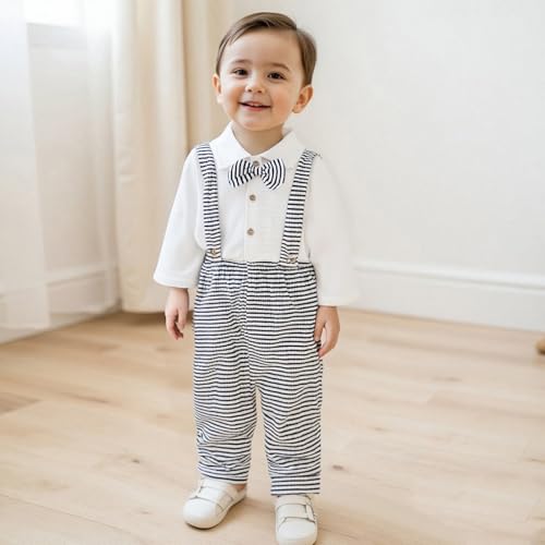 Image of VISGOGO Toddler Boy Linen Outfit Baby Boy Fall Winter Clothes Set Button-Down Shirt Tops Cotton Linen Pants 2PCS (Black-Striped, 0-6 Months)