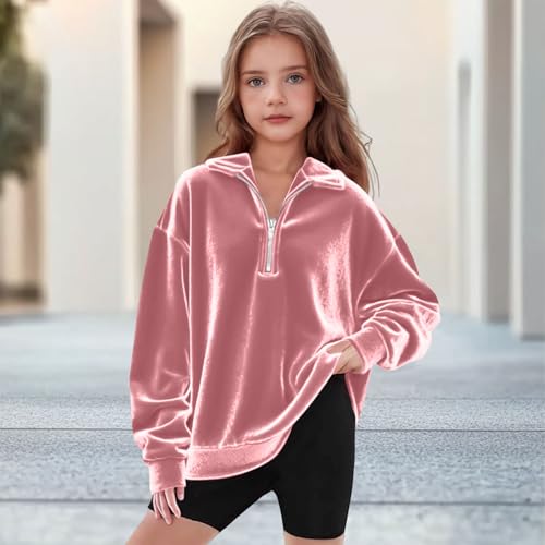 DDAPJ pyju Girls' Velvet Sweatshirts Half Zip Pullover Lapel V Neck Long Sleeve Sweatshirt Fall Winter Cute Casual Tops 20252